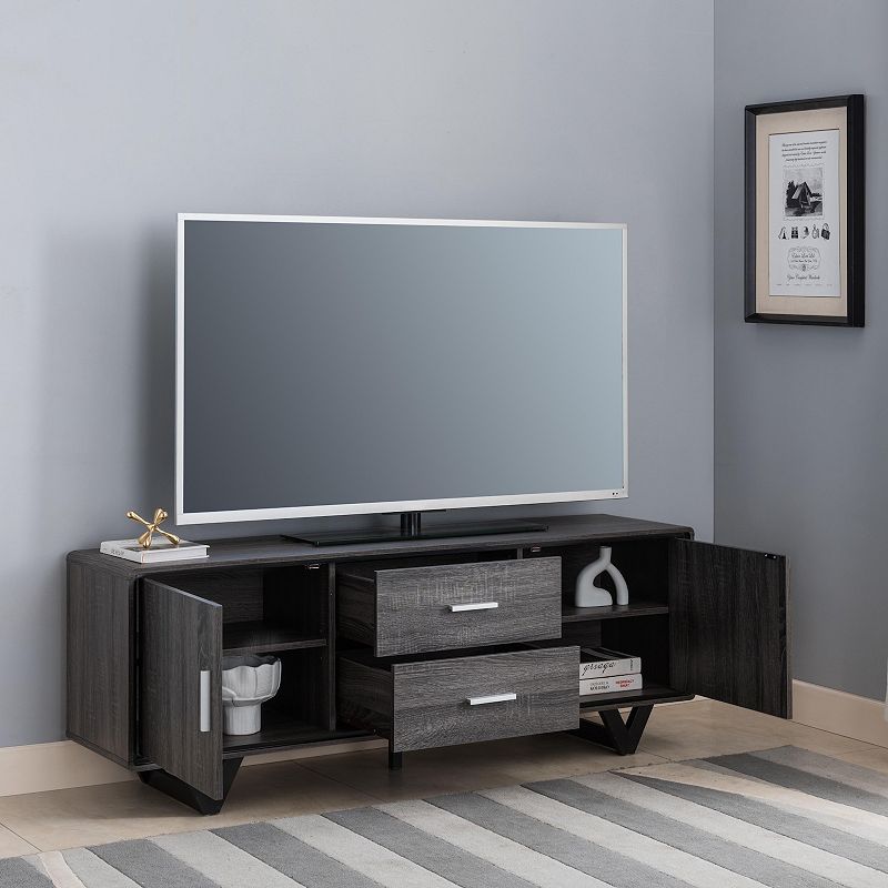 FC Design Distressed Grey and Black 60W TV Stand with 4 Drawers and  2 Shelves