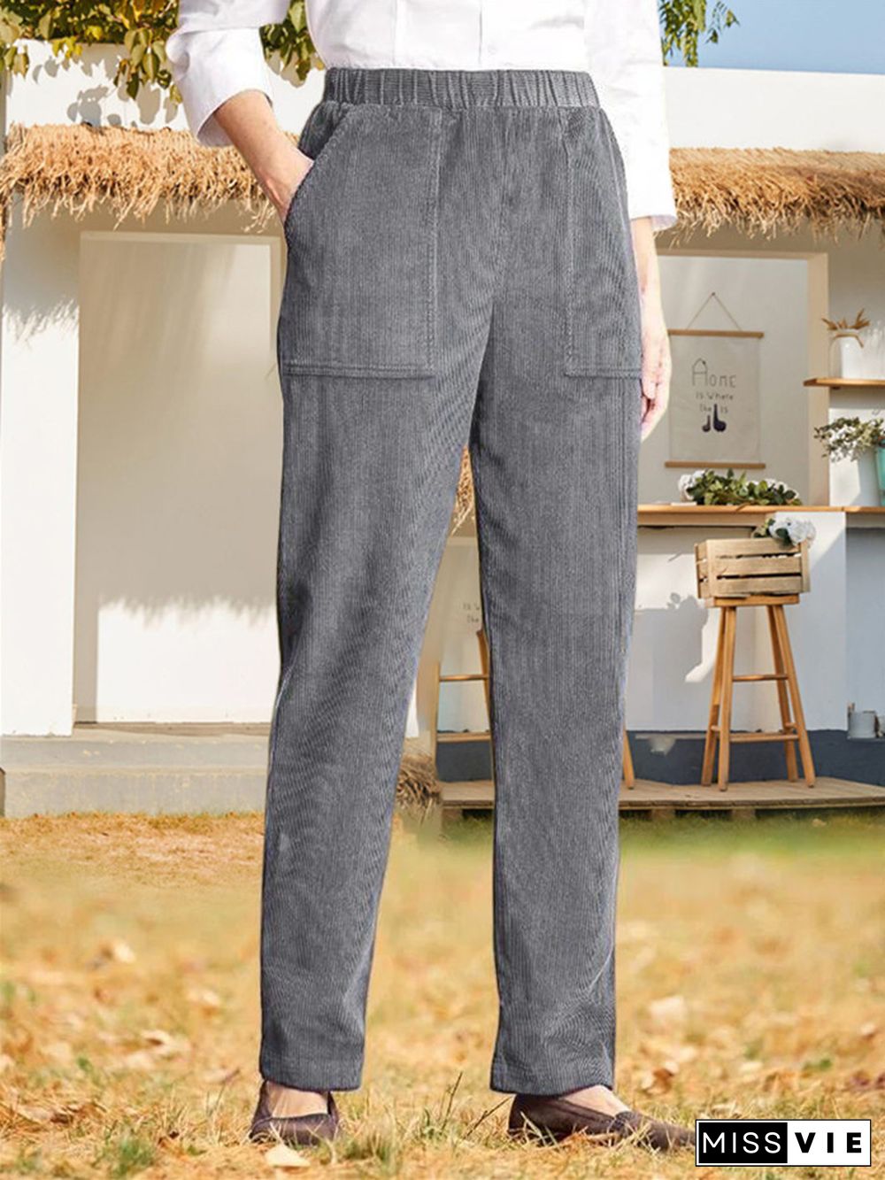 Women's Solid Color Elastic Waist Casual Corduroy Straight Leg Pants-Buy 3 Get Free Shipping