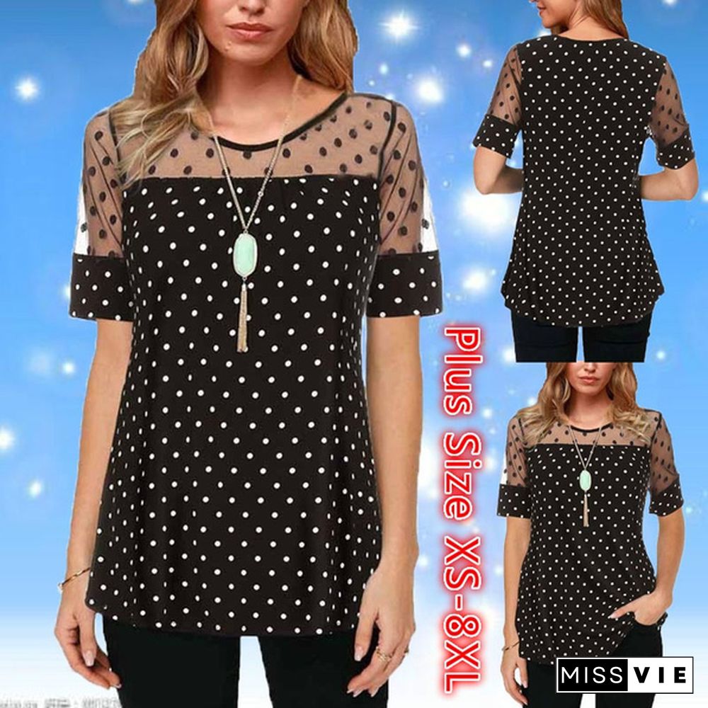 Women Polka Dot Mesh Patchwork Short Sleeve Blouse T Shirt Plus Size XS-8XL