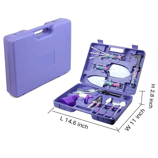 10Pcs Garden Tools Set Mini with Purple Floral Print for Planting Weeding  Garden Hand Tools with Carrying Case