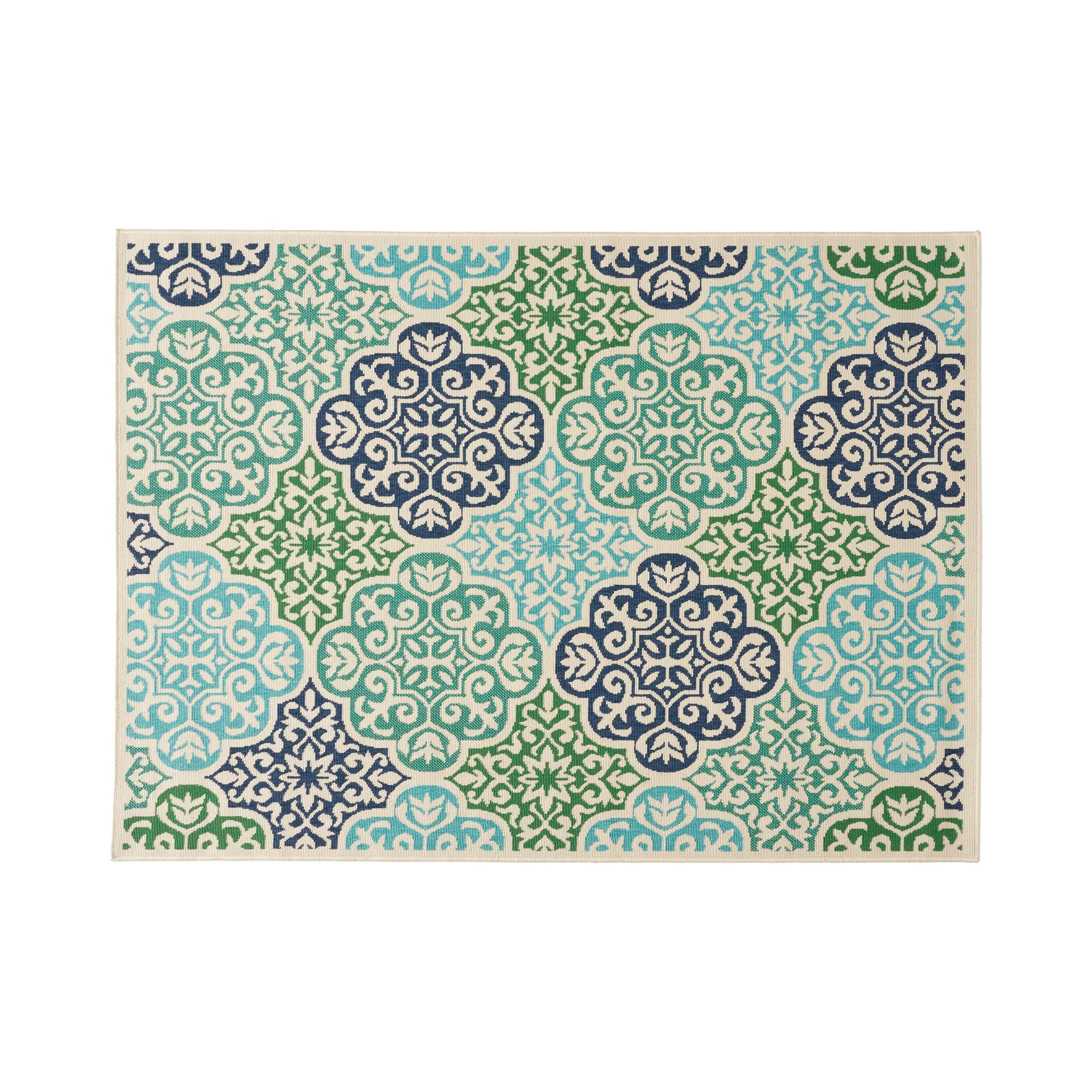 Ellie Outdoor Medallion Area Rug, Ivory and Multi