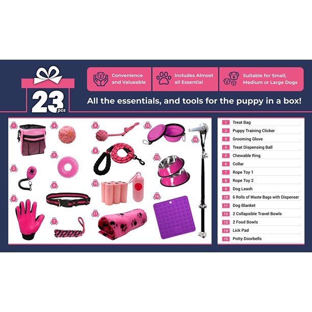 SETONWARE Puppy Starter Kit， Dog Toys， Dog Bed Blankets， Puppy Dog Grooming Tool， Training， Toys， Training Bells Dog Leashes Accessories for Dogs Gift for New Puppies Pink 23 Pieces