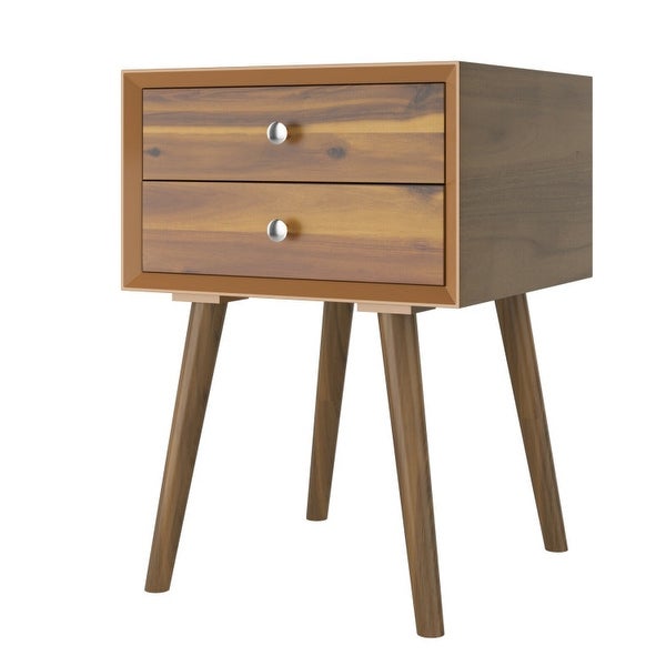 Wooden Nightstand Mid-Century End Side Table with 2 Storage Drawers-Natural - 16