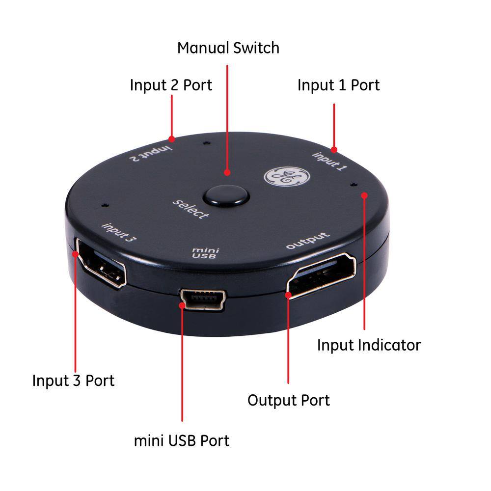 GE 3-Device 4K HDMI 2.0 Switch 3 to 1 HDMI Connection 33624