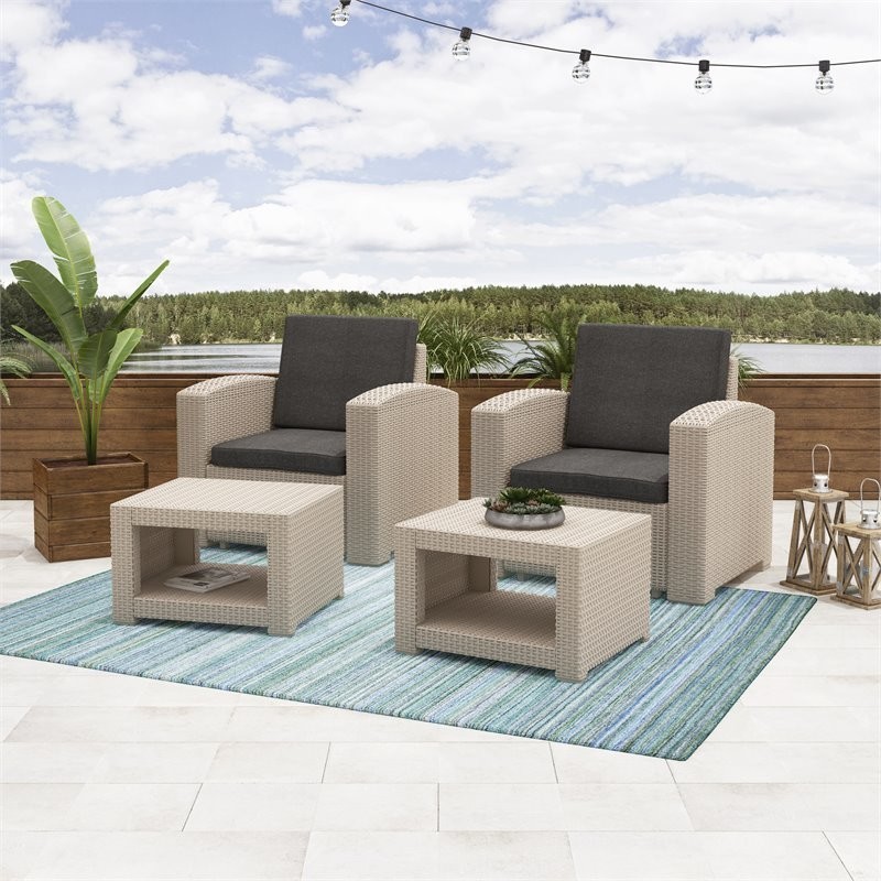 4pc  Weather Beige Wicker / Rattan Patio Set Dark Grey Cushions   Tropical   Outdoor Lounge Sets   by Homesquare  Houzz