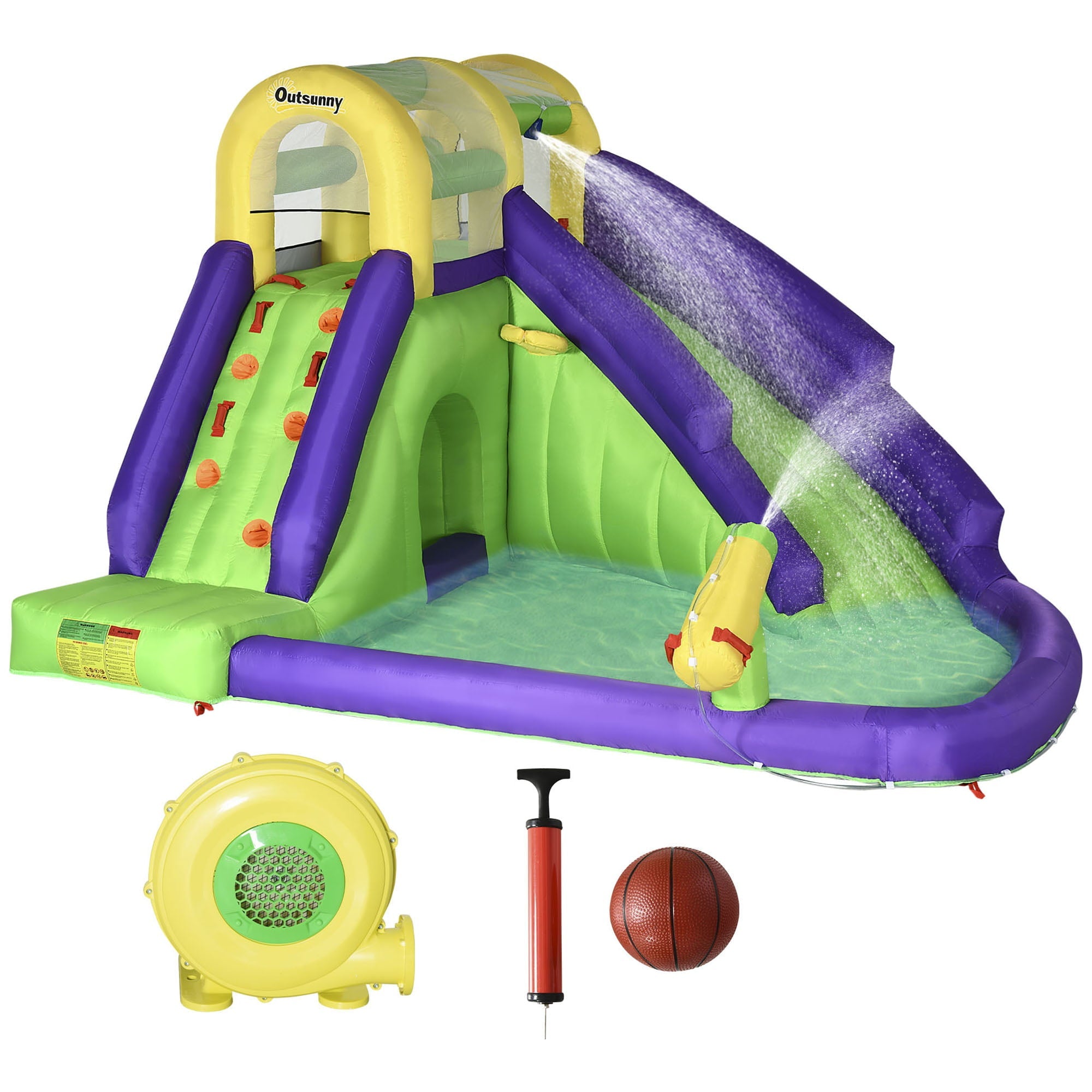 Outsunny 5-in-1 Inflatable Water Slide, Kids Castle Bounce House with Slide, Basket, Pool, Water Cannon, Climbing Wall Includes Carry Bag, Repair Patches, 680W Air Blower