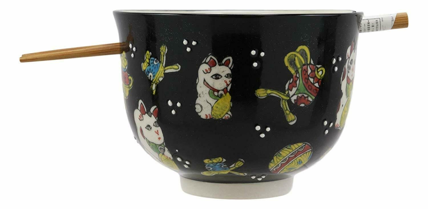 1 Lucky Cat Japanese Maneki Neko Black Porcelain Ramen Bowl With Chopsticks Set EBR02