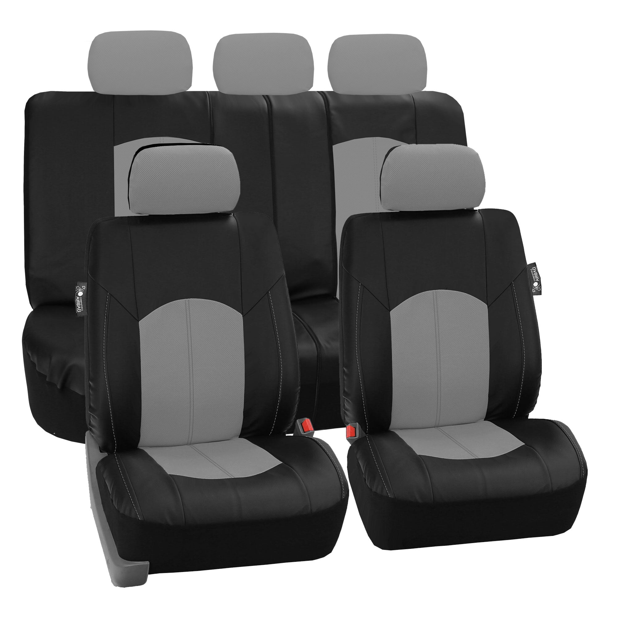 FH Group， Gray Black Deluxe Leather Seat Covers Full Set w/ Free Air Freshener， Airbag Compatible / Split Bench Covers