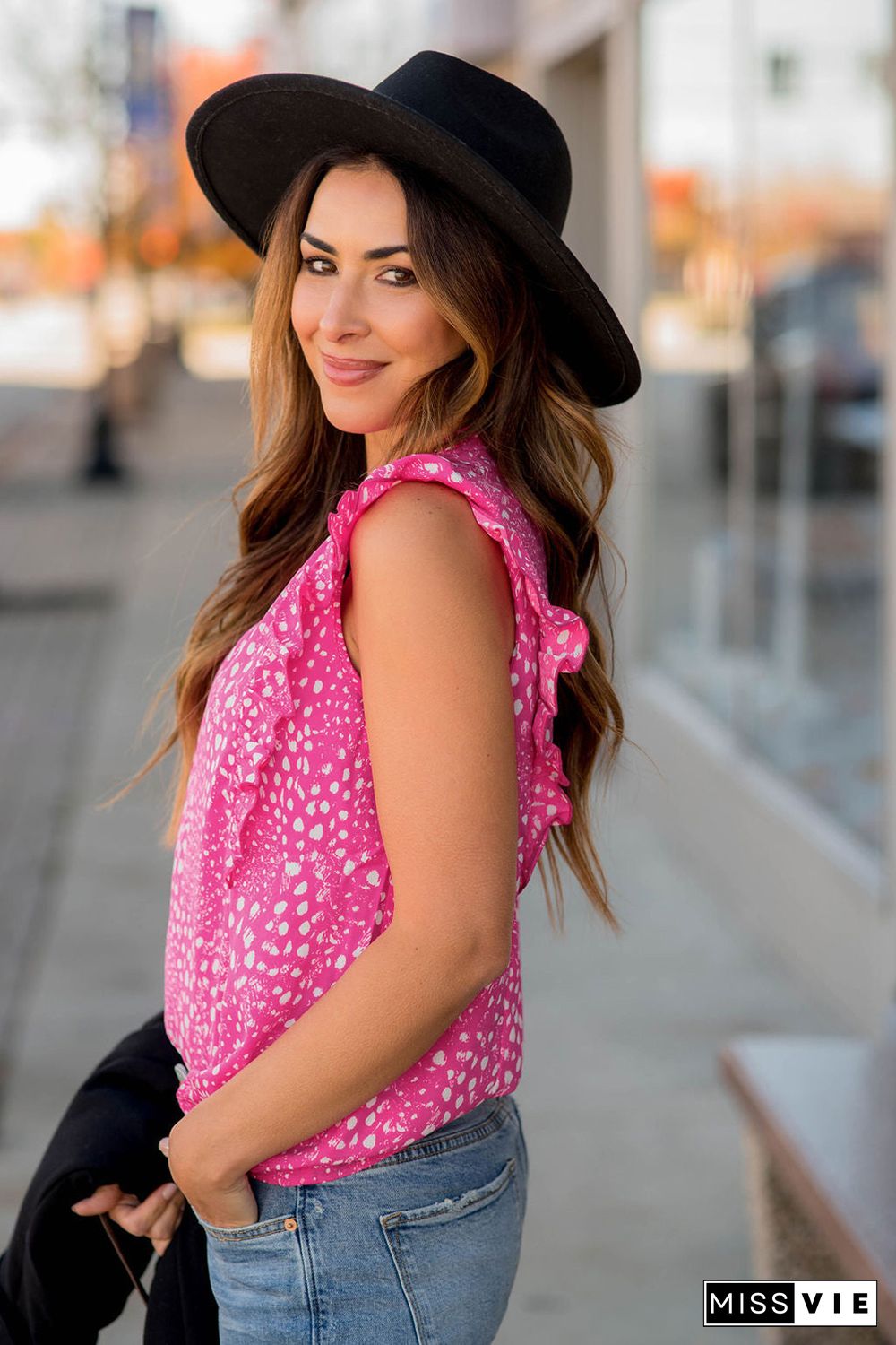 Rose Leopard Ruffle Trim Tank Top