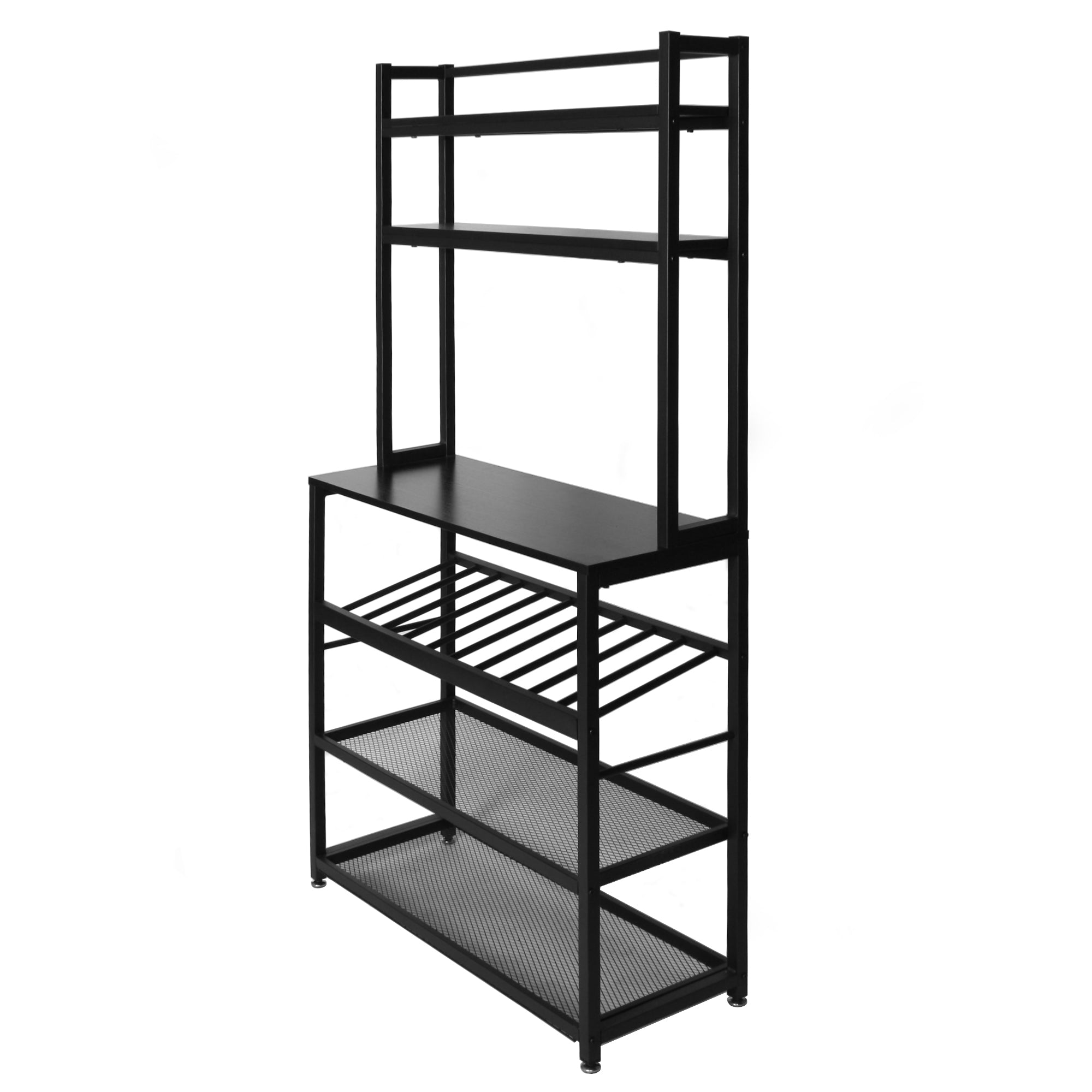 Better Home Products 6 Tier Metal Kitchen Baker's Rack with Wine Rack in Black