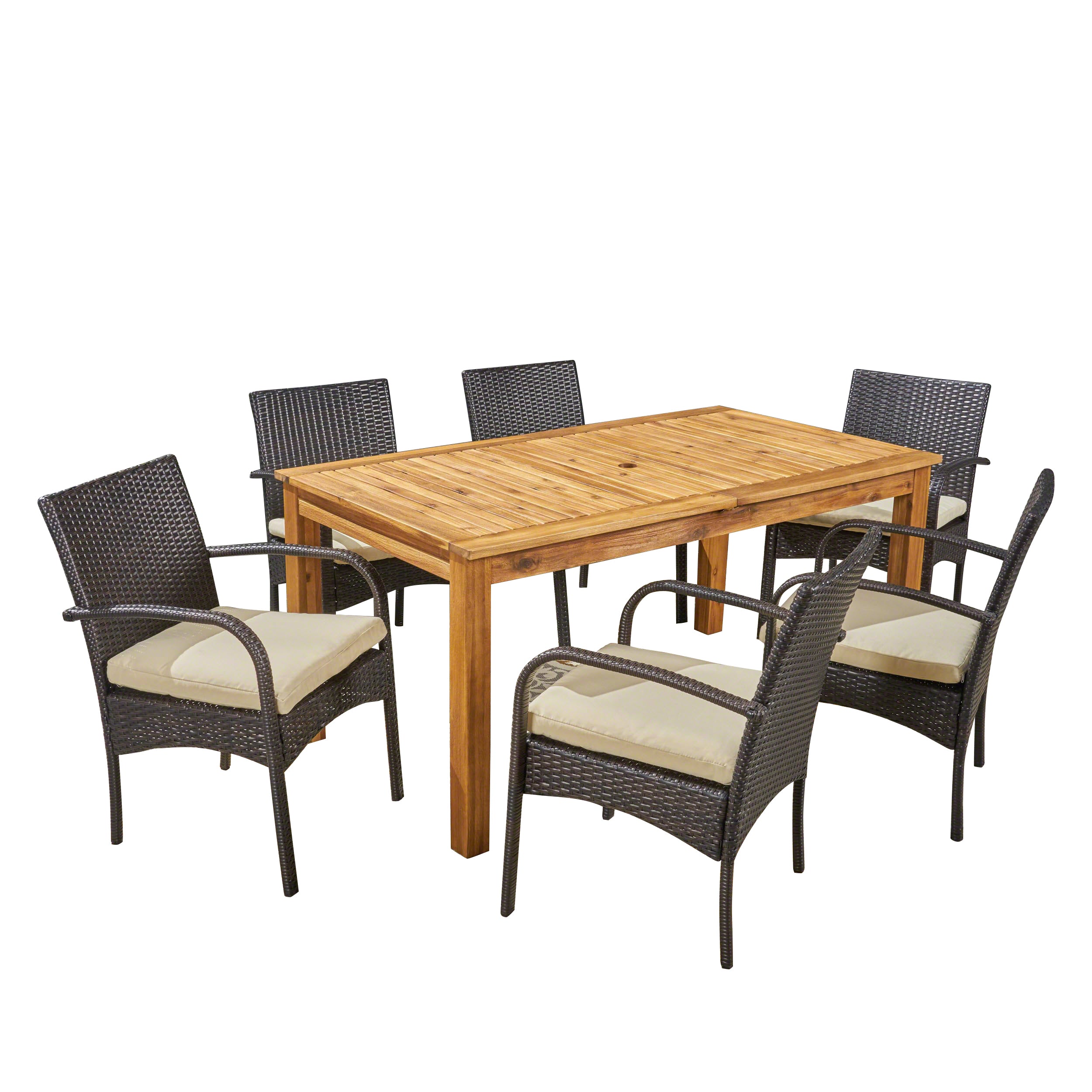 Elis Outdoor 7 Piece Wood and Wicker Expandable Dining Set