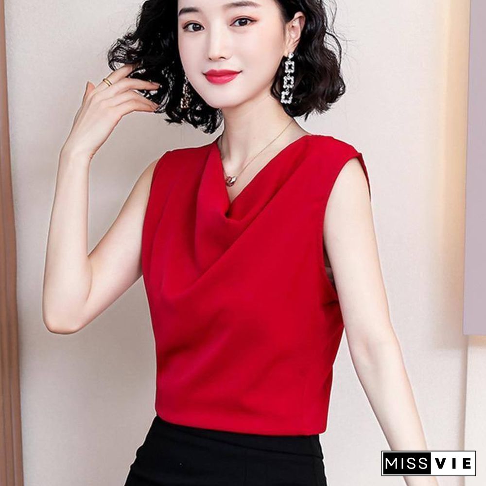 Korean Women Blouses Elegant Woman Satin Blouse Shirt Plus Size Tops Woman Sleeveless V Neck Blusas Mujer De Moda Camisas Mujer