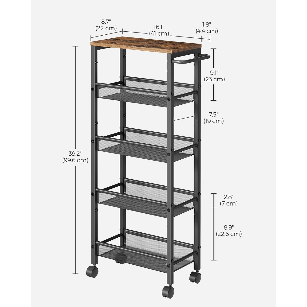 5 Tier Rolling Storage Cart Rustic 8.7 Inches Deep   8.7\