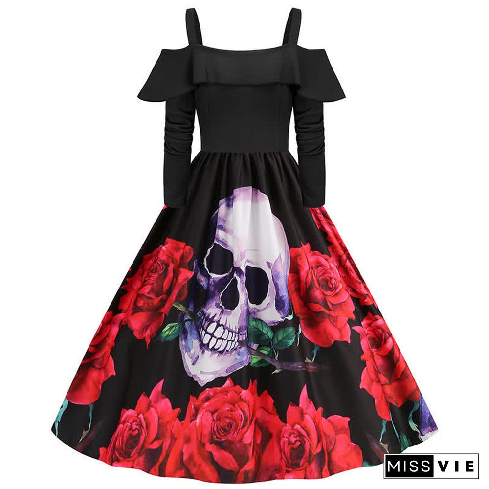 Halloween Printed Off The Shoulder Long Sleeve Dress