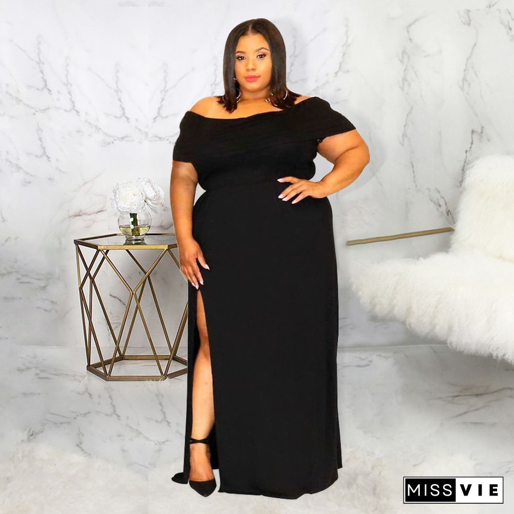 Slash Neck High Split Plus Size Black Dresses