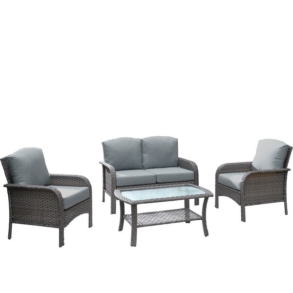 HOOOWOOO Outdoor 4piece Wicker Conversation Sofa Set with Glass Coffee Table