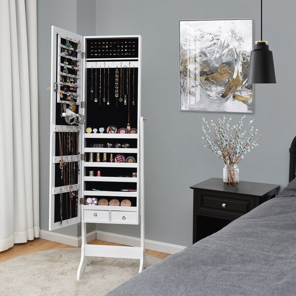 Lockable Mirrored Jewelry Cabinet Armoire Storage Organizer Box-White - White - 18'' x 14.5'' x 61.5'' (L x W x H) - - 37796226