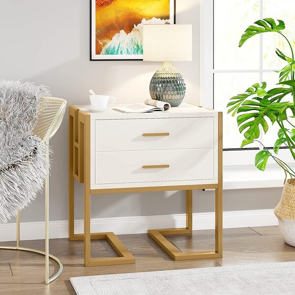 Modern Nightstand with 2 Drawers and Metal Frame for Bedroom Sofas Sides， White Gold - - 37593078