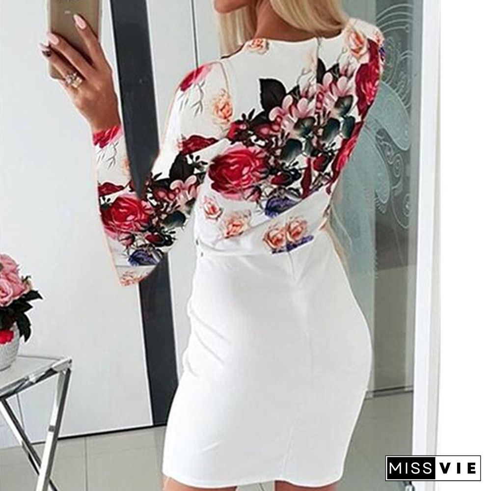 Women Clothing Floral Printed Slim Long Sleeve Plus Size Dress Ladies Deep V-neck Package Hip Dresses