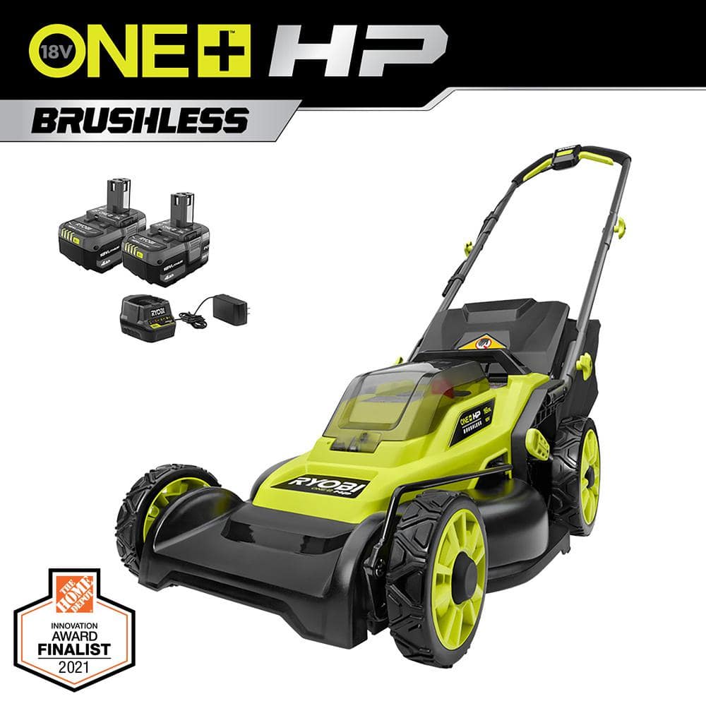 RYOBI ONE+ HP 18V Brushless 16 in. Cordless Battery Walk Behind Push Lawn Mower with (2) 4.0 Ah Batteries and (1) Charger P1190