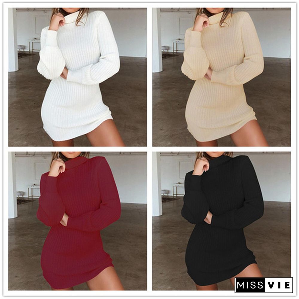 Women Autumn and Winter Long Sleeve Knitted Sweater Dress Ladies Fashion Keep Warm Knitting High Collar Slim Fit Bottoming Mini Knitting Dress