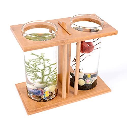 Oukaning Mini Fish Tank With Led Light Wooden Base Creative Double Glass Diy Aquarium