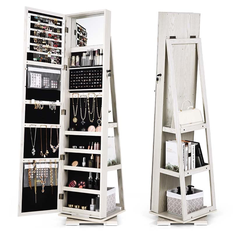 360 Rotating Jewelry Armoire with Higher Full Length Mirror, 3-in-1 Freestanding Lockable Jewelry Cabinet Organizer