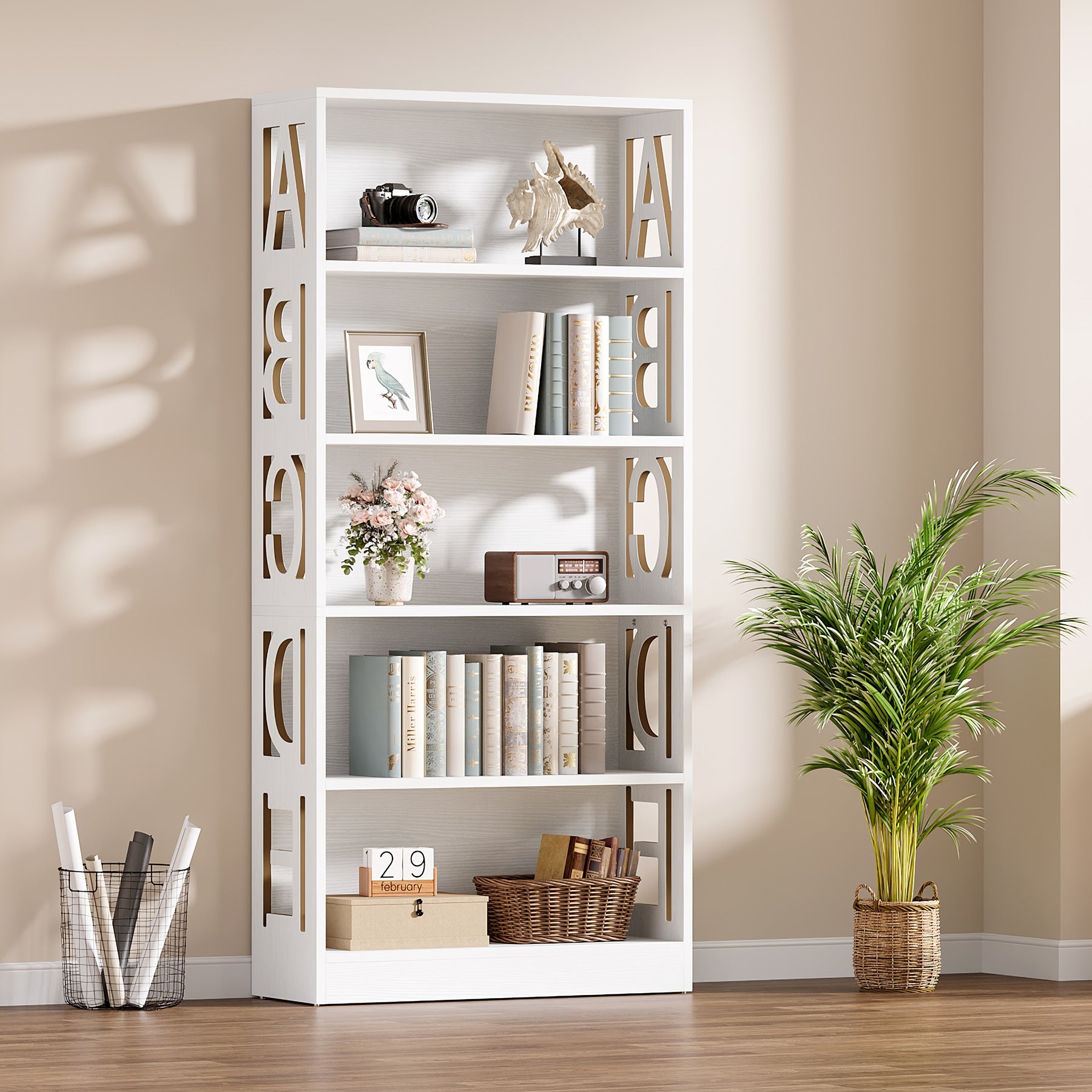 70.9 Bookshelf, Modern Bookcase Display Shelf with Creative Hollow Alphabet