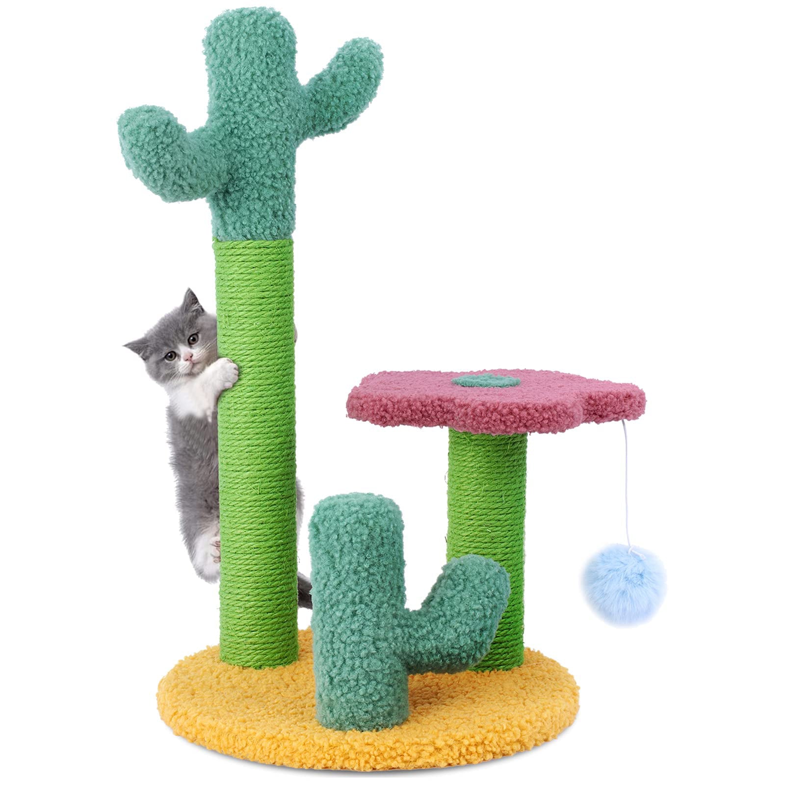 Cat Scratching Post， Sisal Cat Scratching Post with 3 Different Height Poles and Hanging Ball Cat Interactive Toy for Tiny Kitten Cats Indoor Climbing Playing， Gift for Kitten