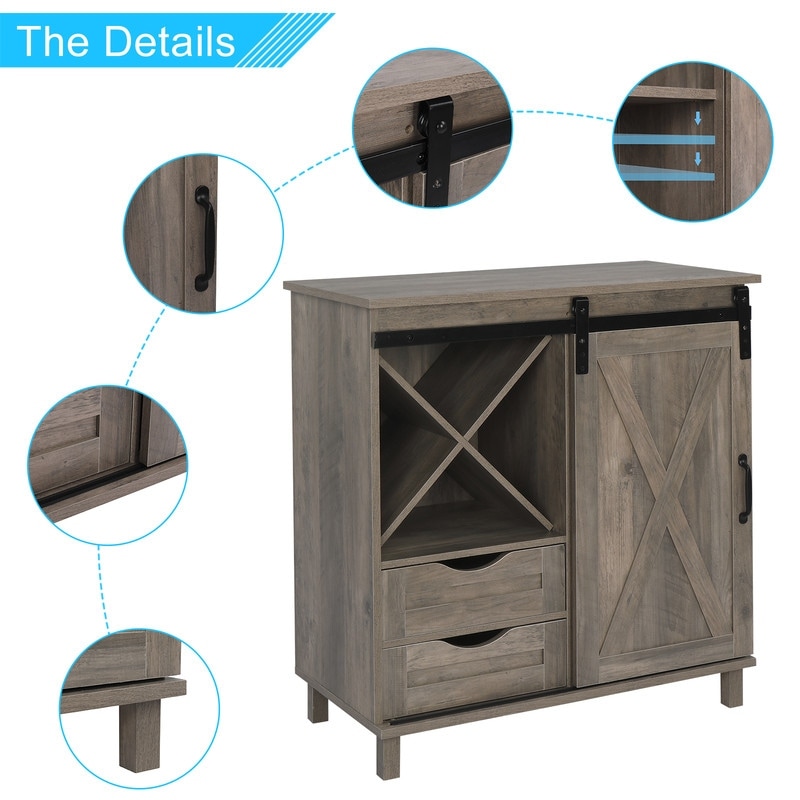 Wooden Cabinet Sideboard Dining Buffet with Drawers  X Shaped 4 Wine Rack Gray