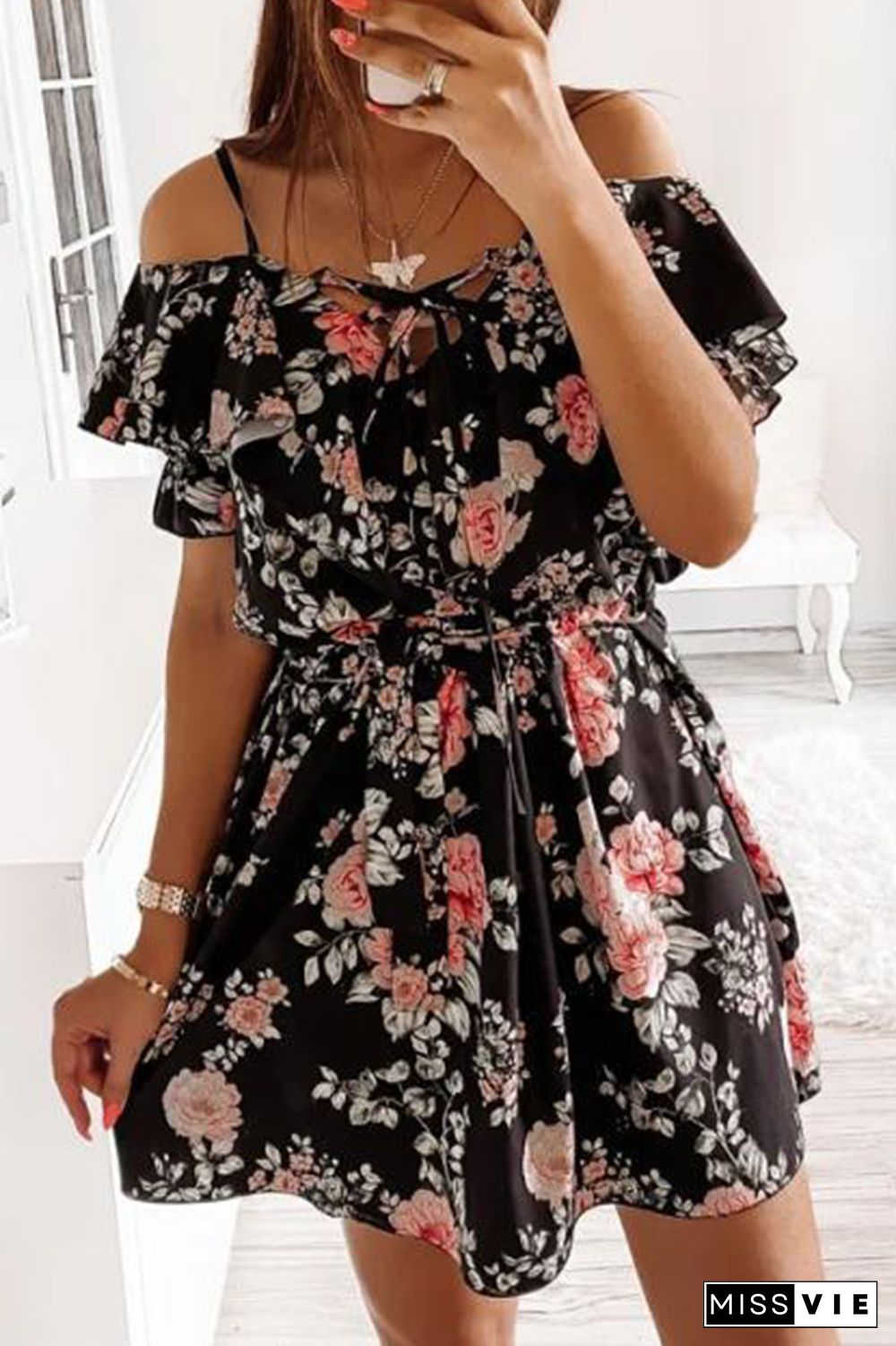 Elegant Floral Frenulum Flounce V Neck A Line Dresses