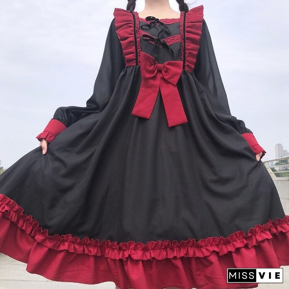 Harajuku Lolita Dress Daily Palace Bow-Knot Sweet Cute Retro Lotus Leaf Bow Vestidos Noble Sweet Gothic Party Robe Renaissance