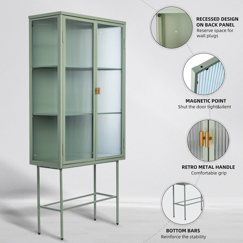 Retro Style Glass High Cabinet with Three Wide Enclosed Shelves