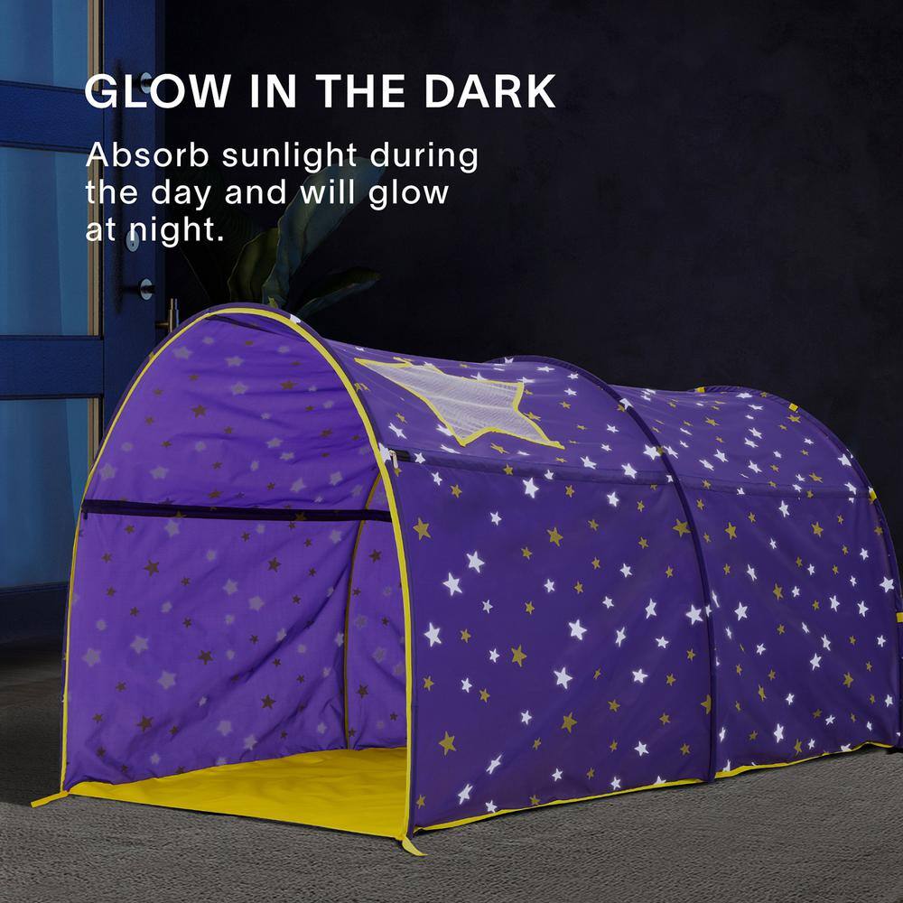 Alvantor Indoor Pop Up Portable Frame Polyester Starlight Bed Canopy Kids Play Tent Twin Curtains Glow in The Dark Stars Purple 2004