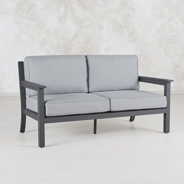 Ortun Outdoor Two Seat Sofa in Gray w/Gray Cushions by Real Flame