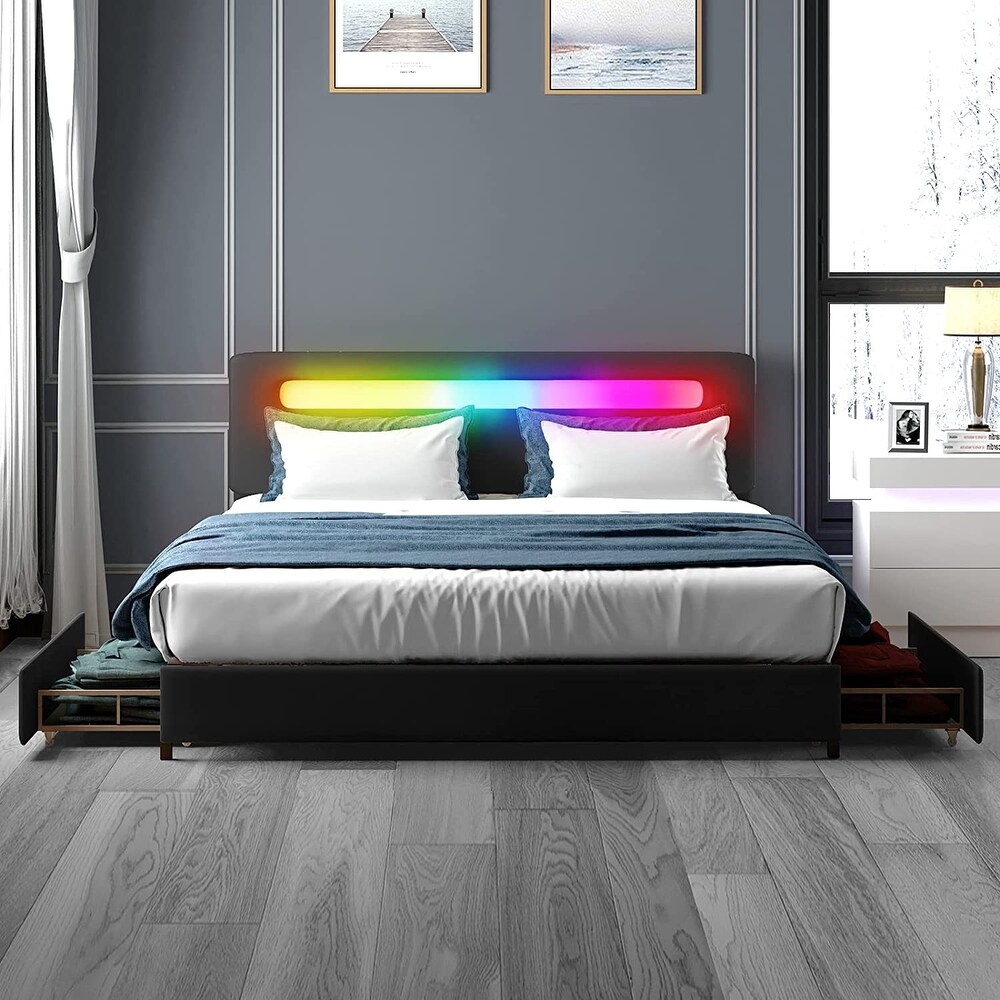 Mixoy Upholstered Platform Bed Frame with Smart LED Lights PVC Fabric Tufted Headboard Storage Drawers