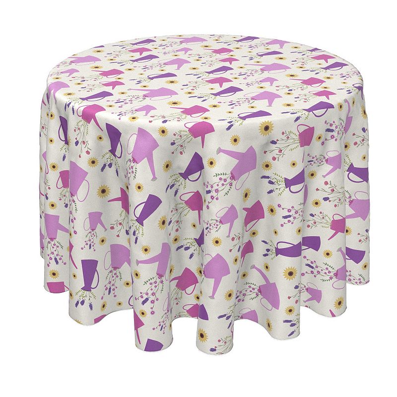 Round Tablecloth， 100% Polyester， 60 Round， Wild Flowers and Purple Watering Cans