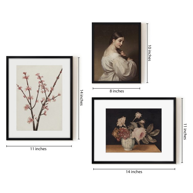 Americanflat 3 Piece Vintage Gallery Wall Art Set Red Maple Blossoms Blush Flower Still Woman In White By Maple Oak