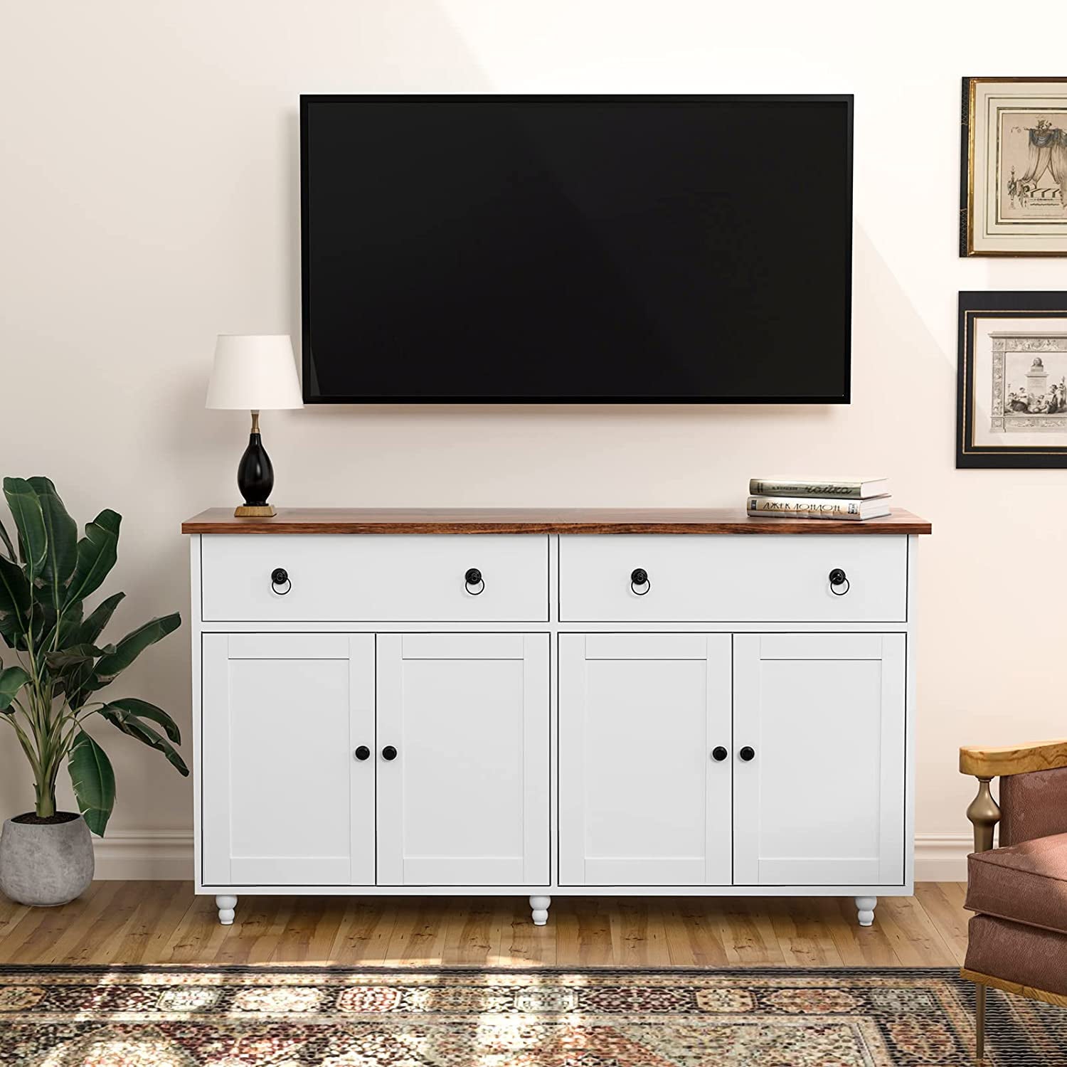 White Kitchen Storage Cabinet Sideboard Buffet， Mid-Century Buffet Cabinet Cupboard with 2 Drawers and 4 Doors for Dining Room， Wooden Storage Cabinet， White