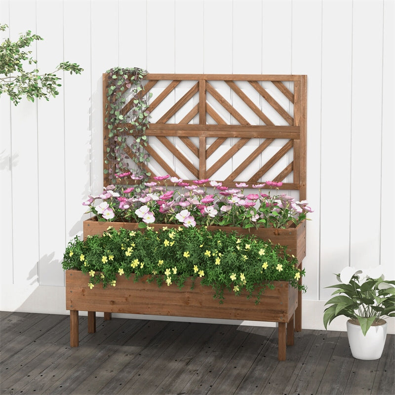 2-Tier Raised Garden Bed with Trellis Outdoor Wooden Elevated Planter Box for Vegetables