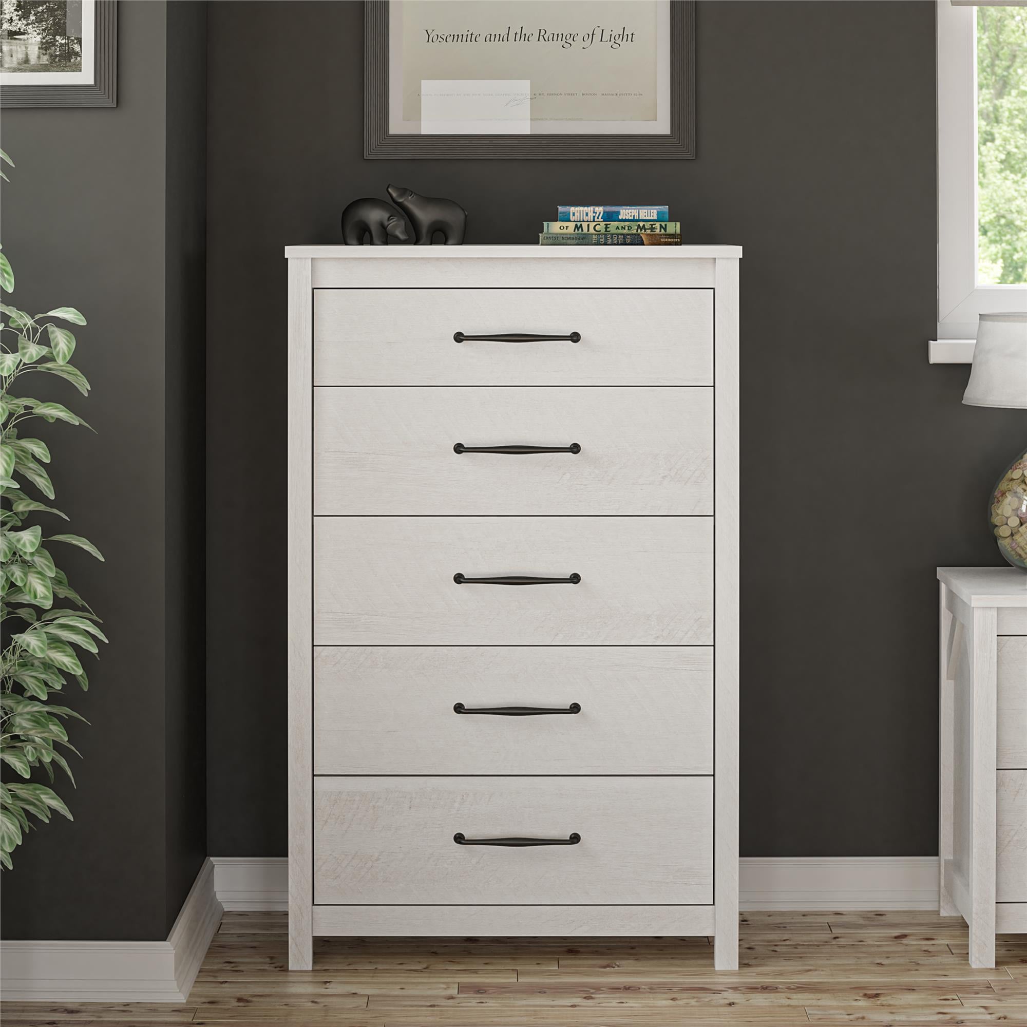 Ameriwood Home Abilene 5 Drawer Tall Dresser with Easy SwitchLock™ Assembly, Ivory Oak