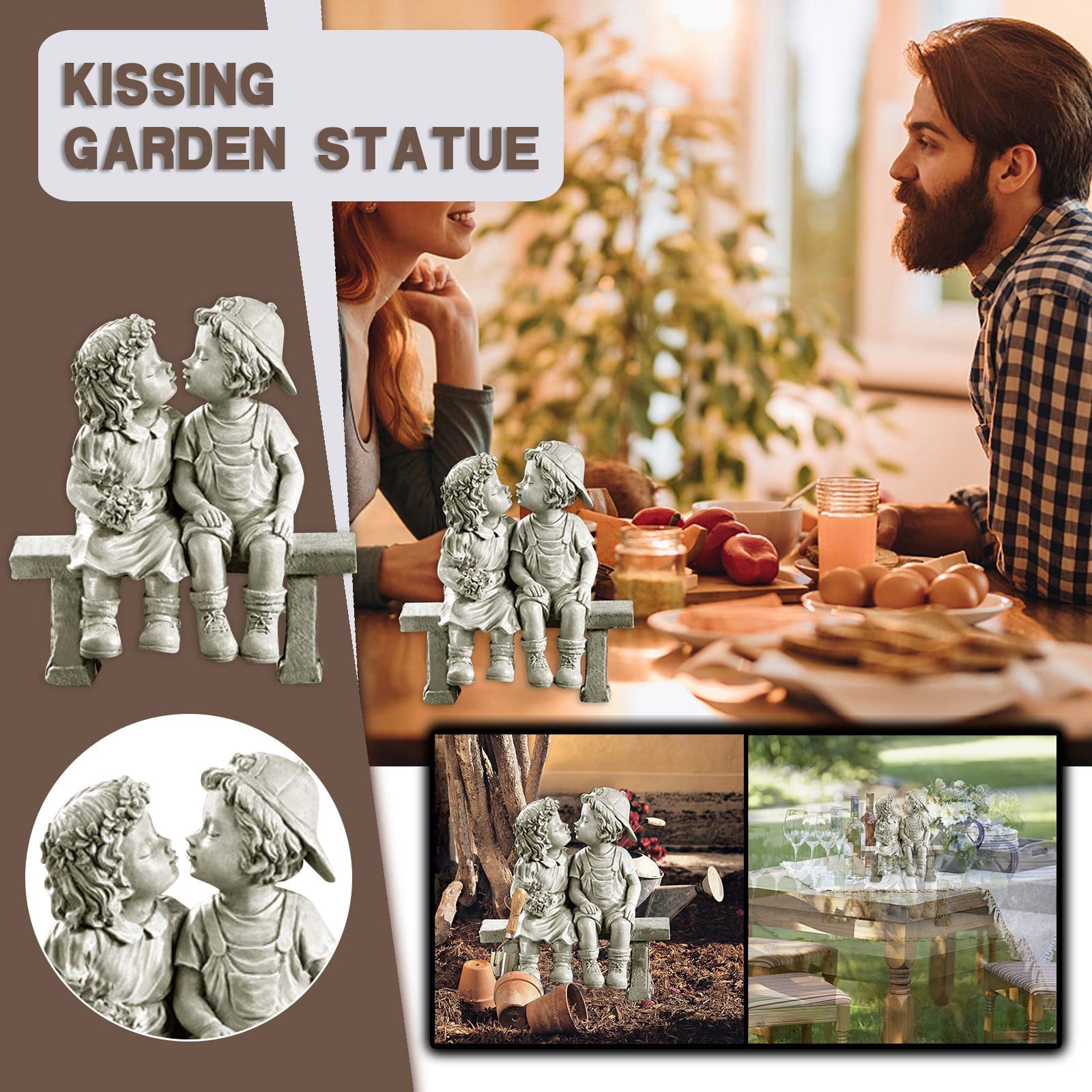 Cieken Stone Effect Kissing Kids Garden Statue Outdoor Decor Boy Girl Ornament Bench