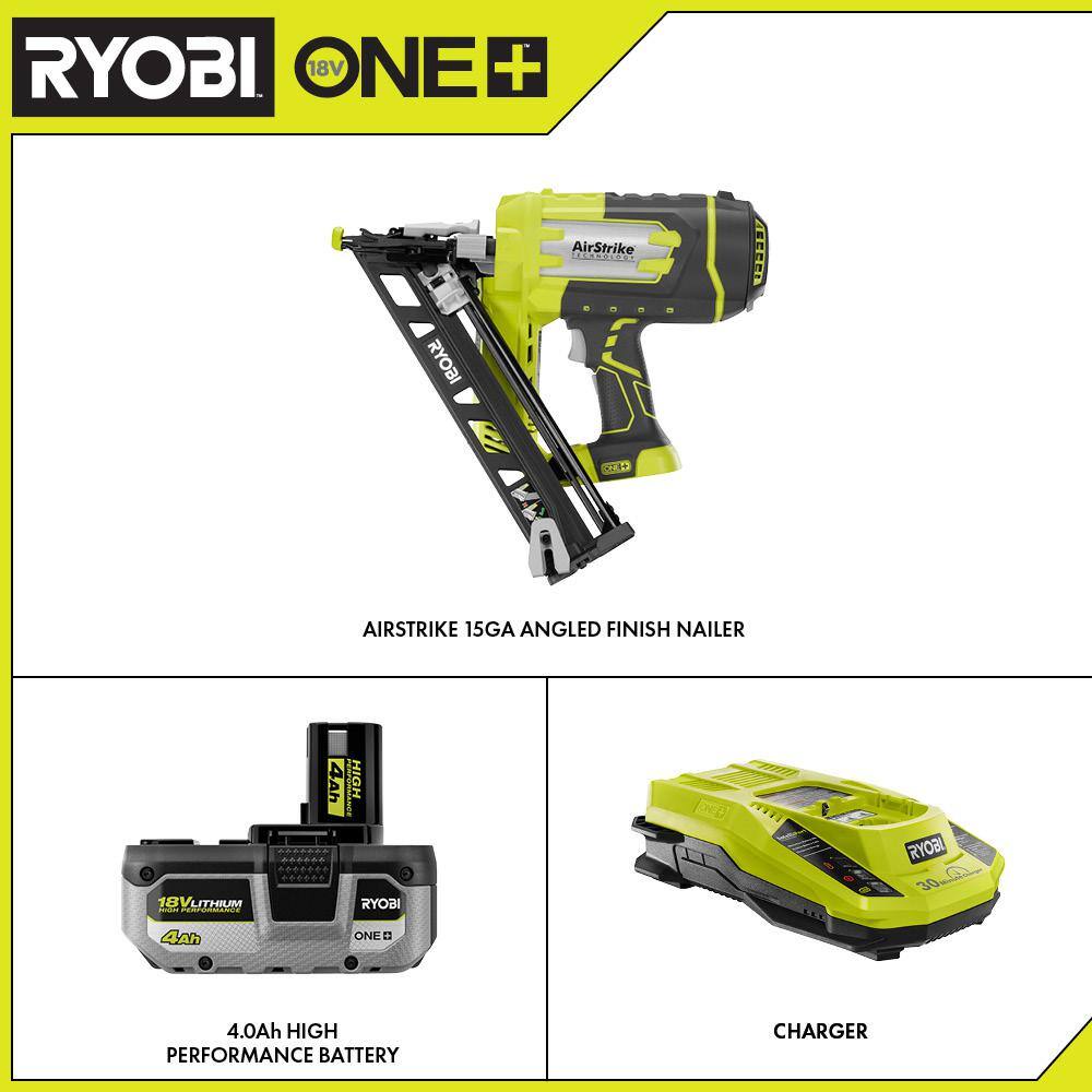 RYOBI ONE+ 18V Cordless AirStrike 15-Gauge Angled Finish Nailer with HIGH PERFORMANCE 4.0 Ah Battery and Charger Kit P330-PSK004