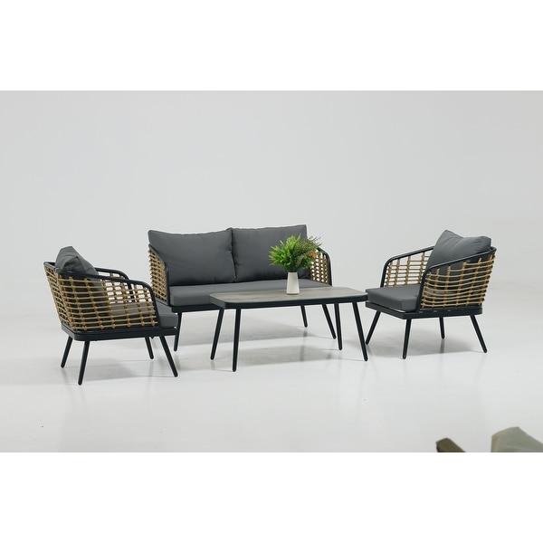 4Piece Rattan Wicker Outdoor Sofa Set with Cushions and Table