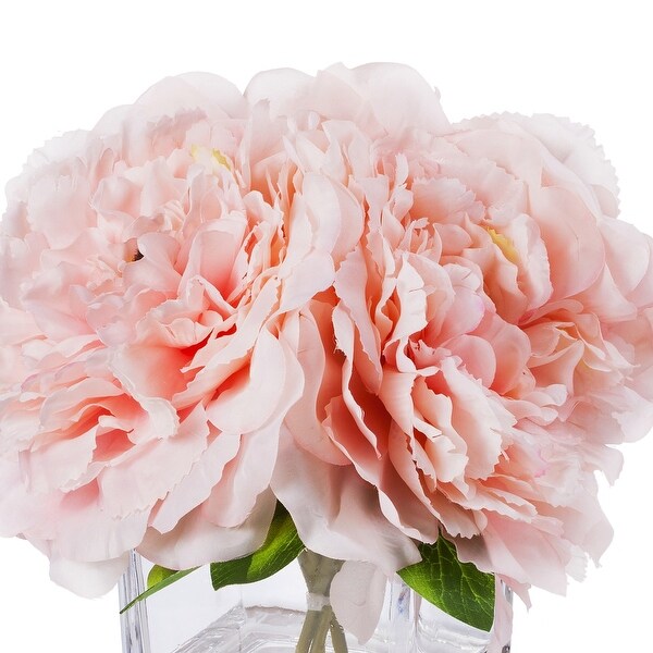 Enova Home Artificial Silk Peony Fake Flowers Arrangement in Cube Glass Vase with Faux Water for Home Wedding Decoration