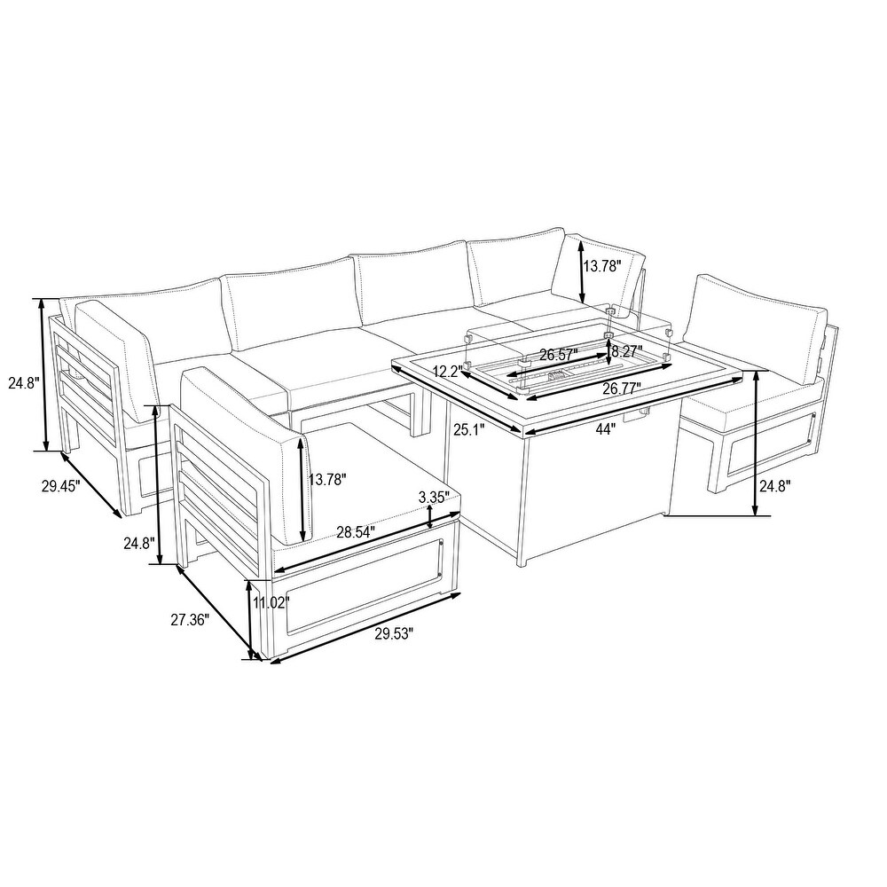 LeisureMod Chelsea 7 Piece Grey Patio Sectional With Fire Pit Table