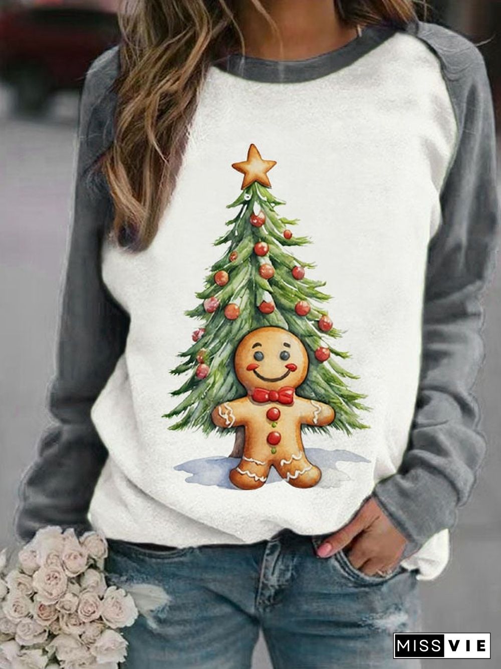 Women's Christmas Gingerbread Men Print Casual Sweatshirt