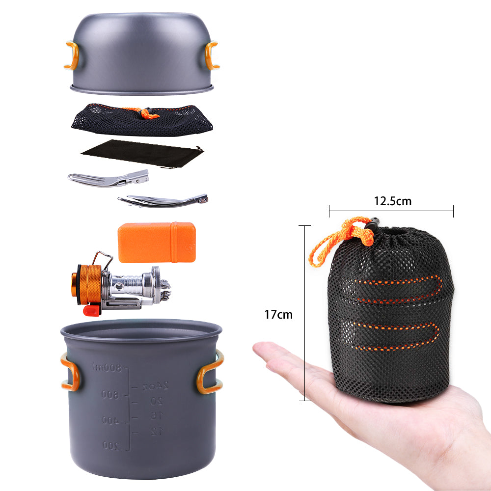 Maboto Outdoor Camping Hiking Cookware with Mini Camping Piezoelectric Ignition Backpacking Cooking Picnic Pot Set Cook Set With Fork and Spoon