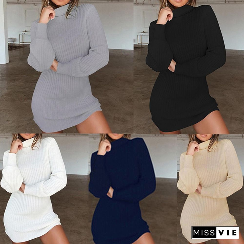 Fashion Clothes Autumn and Winter Dresses Women's Casual Solid Color Long Sleeve Dress Ladies Slim Fit Mini Party Dress High Collar Bodycon Dress Turtleneck Knitted Sweater Dress