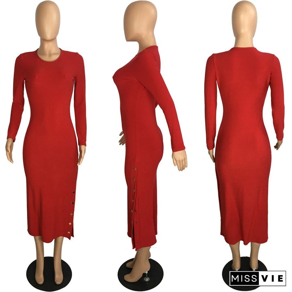 Women Solid Color Round Neck Long Sleeve Slit Maxi Dress